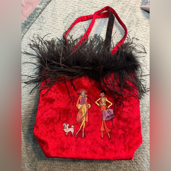 Gigi Olivia Red Velvet Bag with Ostrich Fe… - Picture 1 of 4